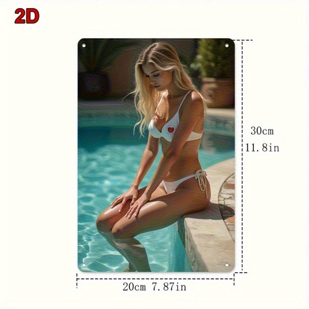 Vintage Metal Wall Decor White Bikini Lady Pool Scene - Lightweight Aluminum Hanging Plaque for Home Bar Cafe Bathroom - Easy In