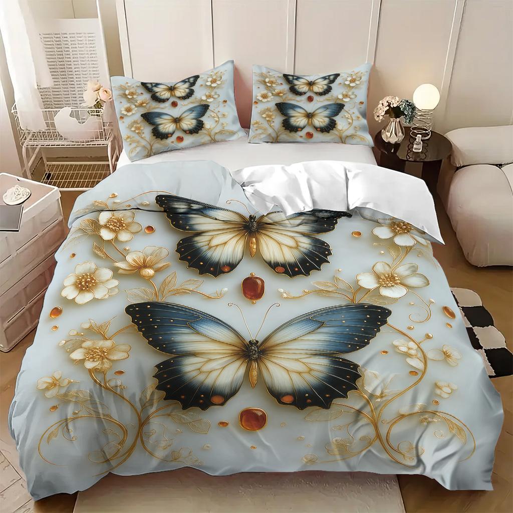 3Pcs Floral Butterfly Pattern Duvet Cover Set, 1 Duvet Cover+2 Pillowcases, Coreless. Soft And Comfortable Bedding Set