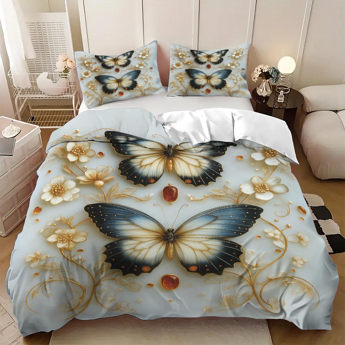 

3Pcs Floral Butterfly Pattern Duvet Cover Set, 1 Duvet Cover+2 Pillowcases, Coreless. Soft And Comfortable Bedding Set 173x229cm-US-Twin&set