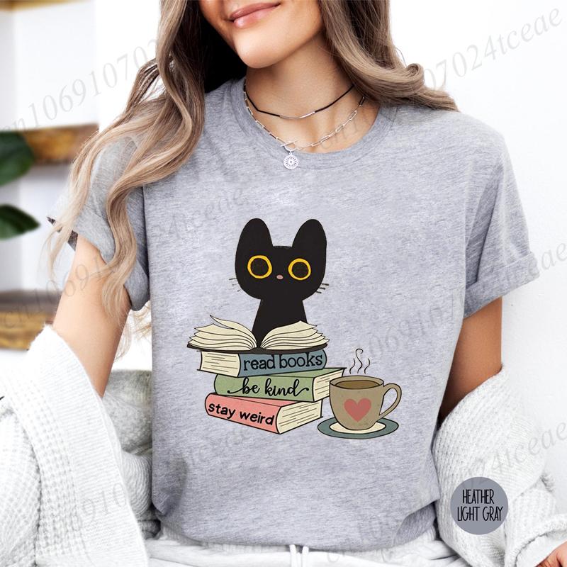 

Футболка с котами для чтения, футболка для женщин, девушек, подарок для любителя книг, подарок для владельца кошки, книжная футболка, книги и кот, летняя футболка 4XL