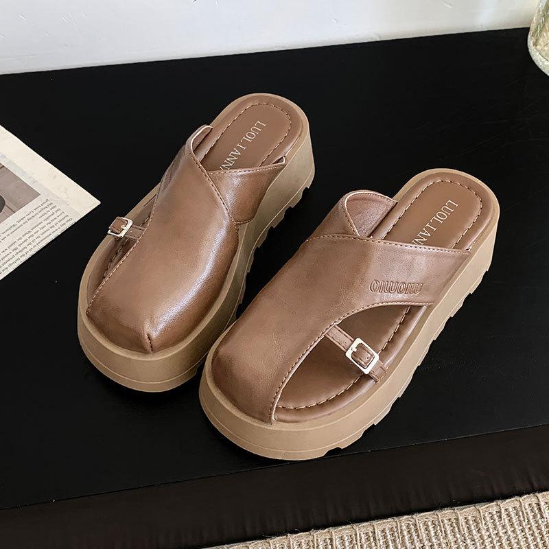 

Baotou half slippers women s outer wear 2025 spring and summer new retro fashion muffin thick bottom comfortable versatile lazy sandals 40 коричневый