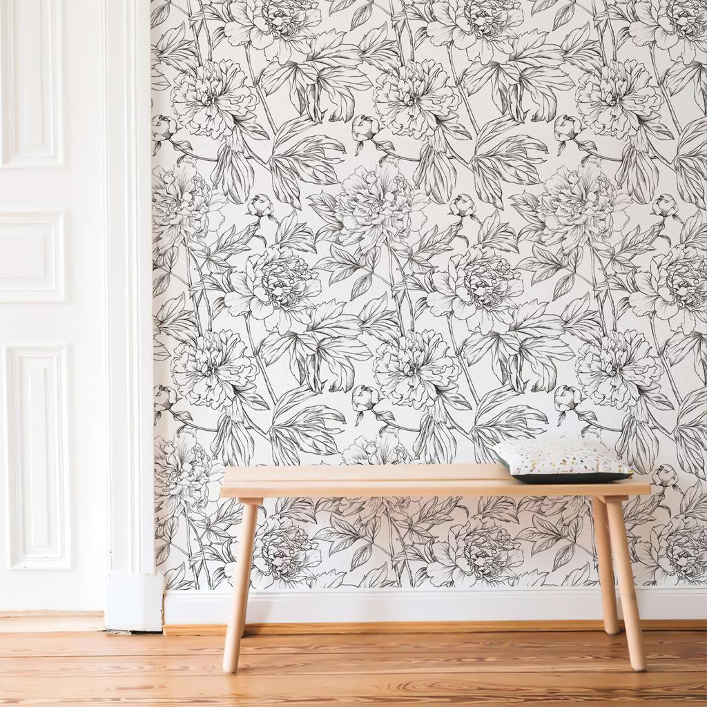 White Sketch Floral And Leaves Wall Cover Retro Line Flower Pvc Peel And Stick Wall Cover Water-Repellent Kitchen Bathroom Vinyl Decor