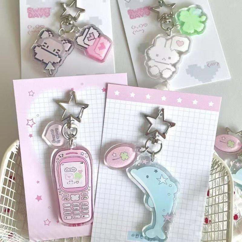 INS Trendy Pixel Cartoon Acrylic Keychain 4 Styles Retro Flip Phone Dolphin Rabbit Pendant for Teen Backpack Decor