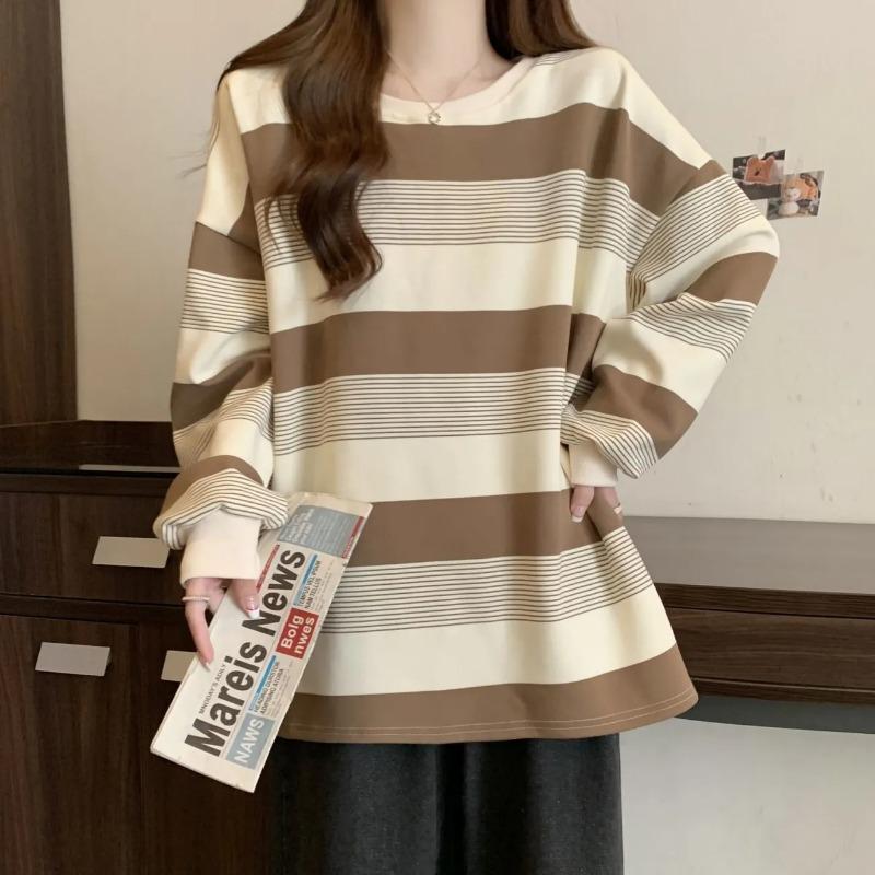 

American Retro Striped Thin Sweatshirt for Women New Autumn Loose Casual Versatile Top L хакі