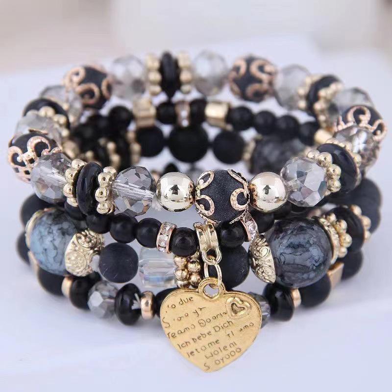 Bohemian Multilayer Elastic Rope Bracelet with Alloy Heart Pendant