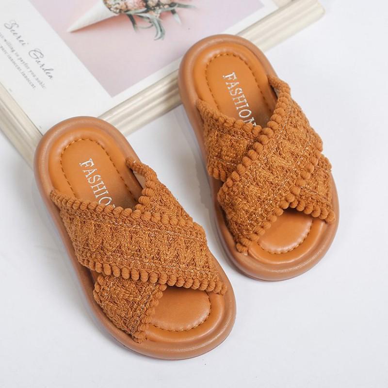 Girls Sandals 2026 Woven Beach Slides Princess Style Cross-Strap Outdoor Flip Flops Kids