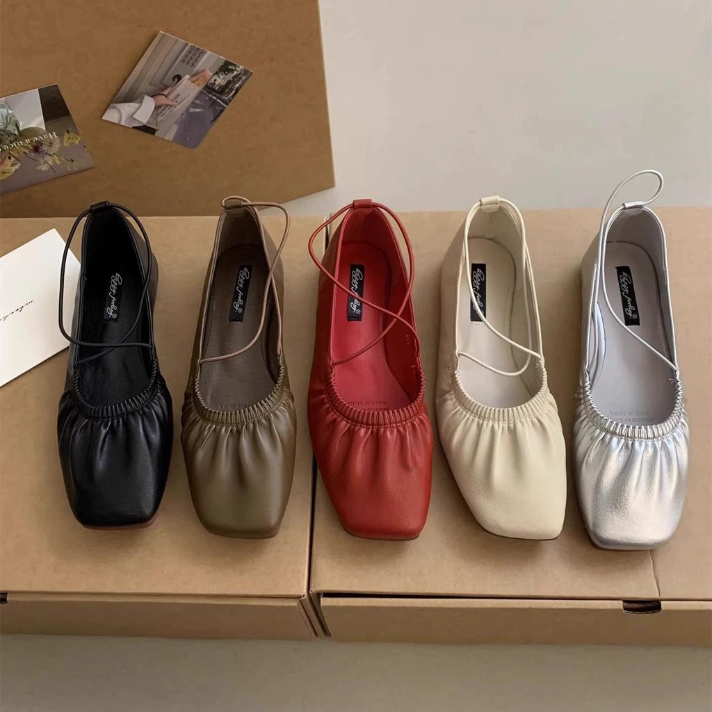 2025 new retro pleated square head retro flat-soled grandma shoes soft-soled single shoes fairy cross-strapped ballet shoes