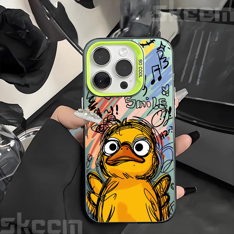 Graffiti Small Yellow Duck Electroplate Silver IMD Phone Case For iPhone 16 15 Pro Max 14 13 12 11 16E 7 8 Plus X XS XR Cover