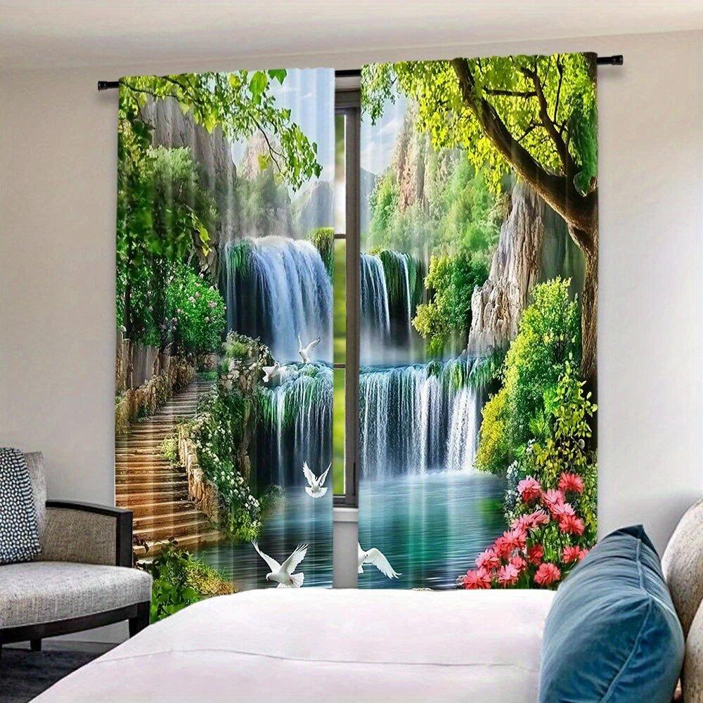 2 pieces of forest Waterfall landscape printed curtains,30*65 inches, home decoration, room decoration