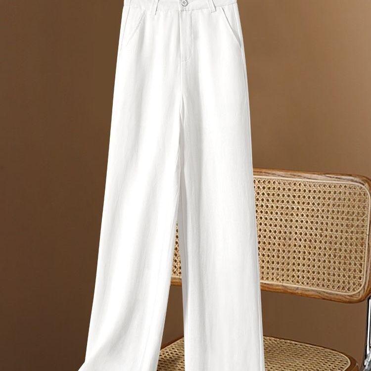 Women's Cotton Linen Wide-Leg High-Waisted Pants - Summer Loose Casual Straight-Leg Long Pants