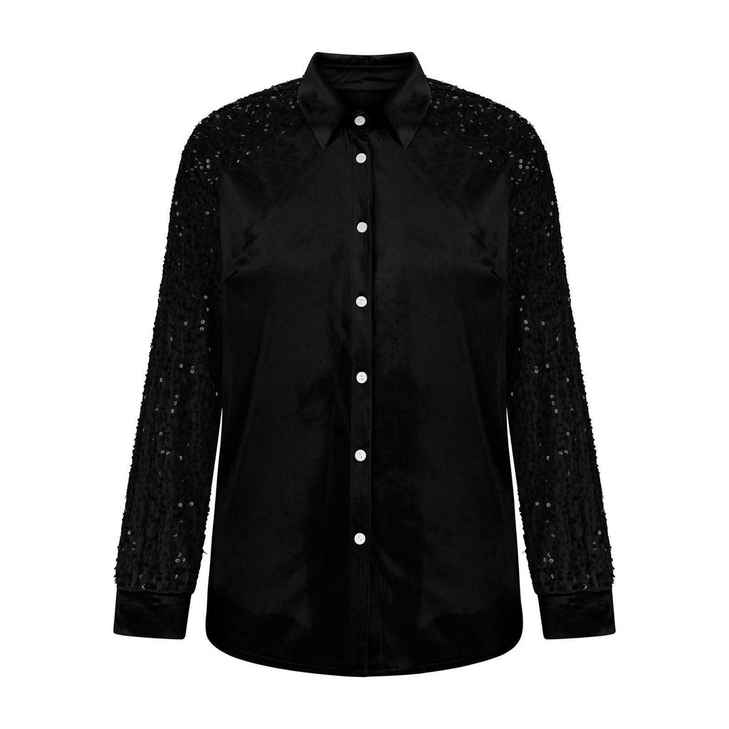 Haut Européen en Velours pour Femme avec Patchwork Manches à Sequins, Collection 2025