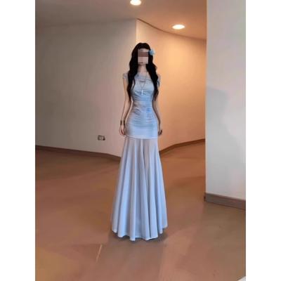 Blaues Netz One-Shoulder-Kleid Damen Sommer Strandurlaub Temperament Figurbetont Hüftumhüllend Fishtail Langes Kleid