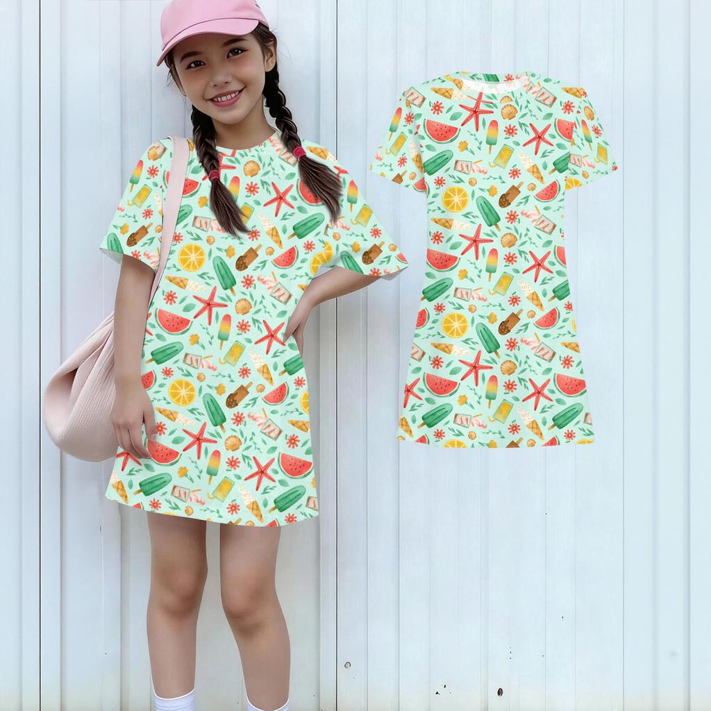 Girls Print Casual Dress Kids Loose Round Neck Short Sleeve Thin Sundress