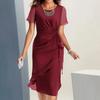 Abito da Donna in Chiffon Girocollo Manica Corta Monocolore Nodo in Vita Casual da Festa Midi