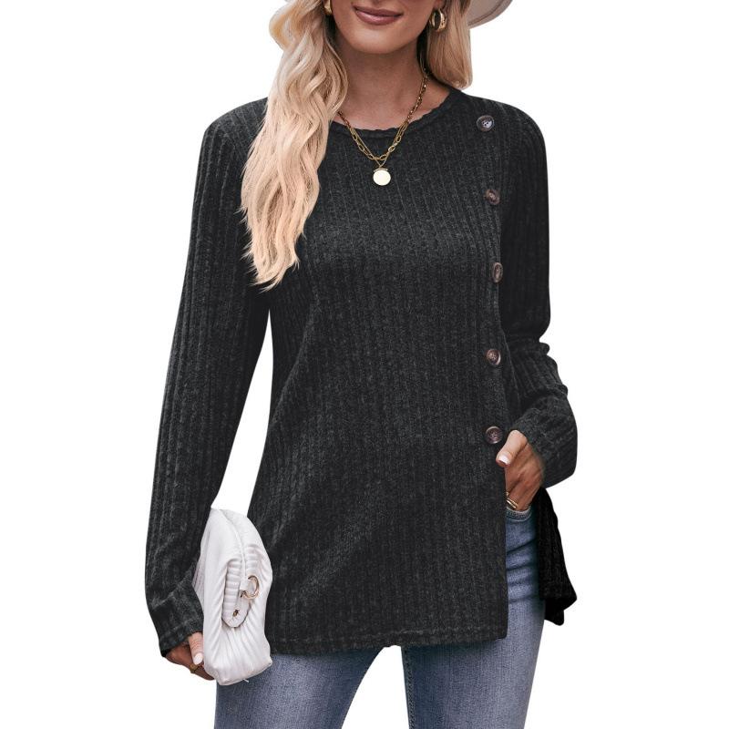 Women's Autumn Button Fashion Solid Color Long-sleeved T-shirt
