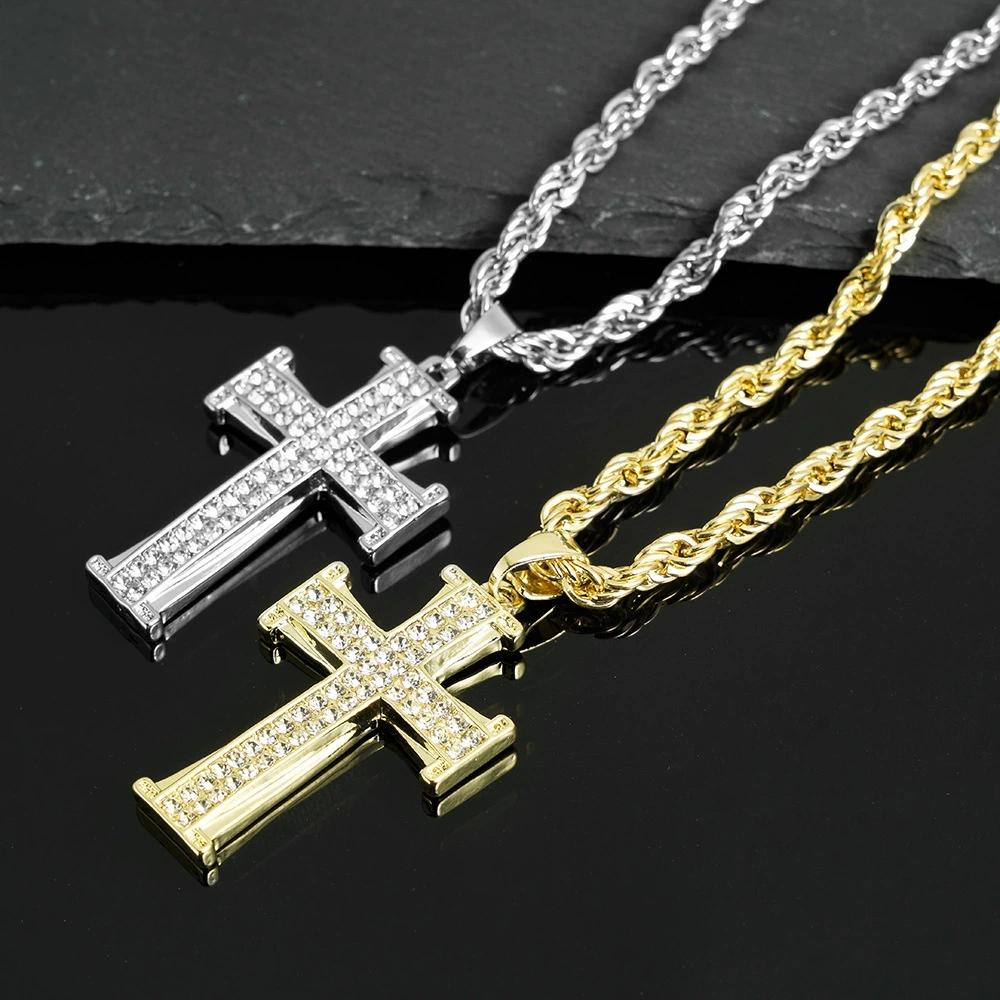 Hip Hop Mens Women Cross Pendant Necklace With 4MM Rope Chain Iced Out Bling Cross Pendant Necklaces Hip Hop Couple Jewelry Gift
