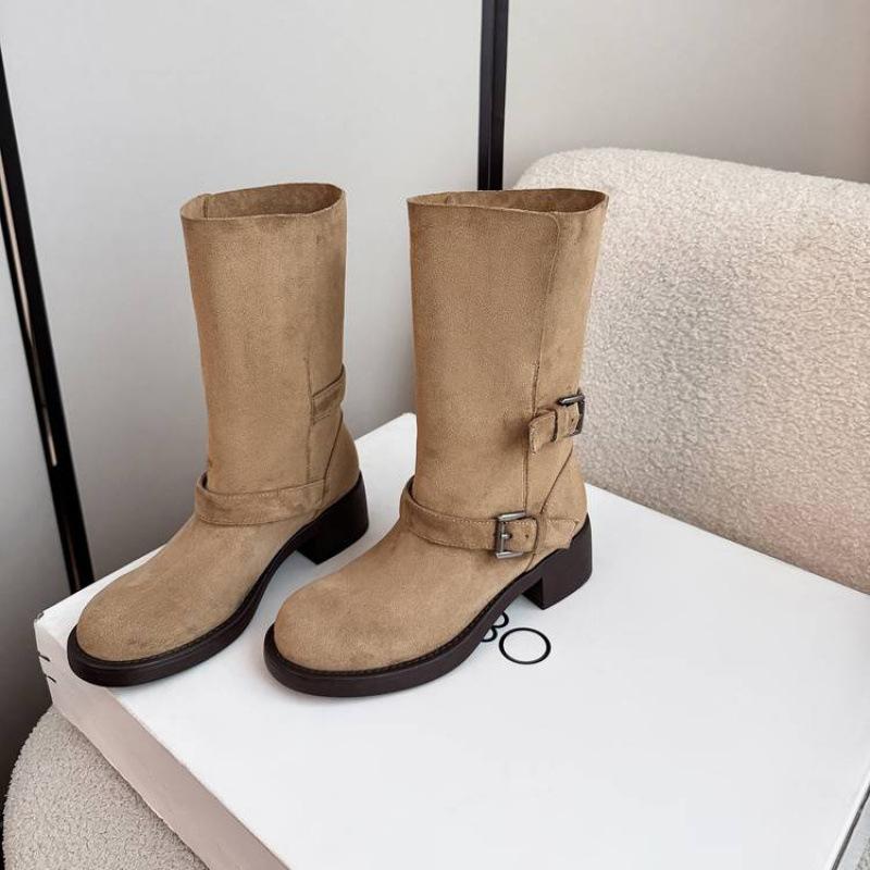 Autumn and Winter Women's Leather Boots Solid Color Leather Medium Heel Large Size Women's Boots Round Head Versatile High Boots Thick-soled Knight Bo