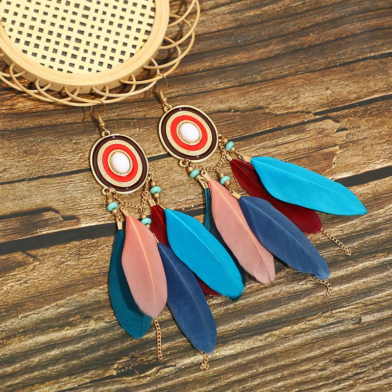 Bohemian Tassel Chain Feather Earrings for Women Unique Long Oval Drop Glaze Handmade Dangle Earring Pendiente Mujer Accessories