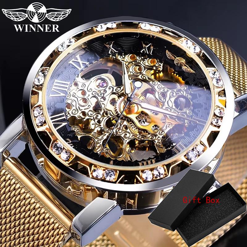 Winner Top Brand Golden Watches Men Skeleton Mechanical Watch Crystal Mesh Slim Stainless Steel Band Luxury Hand Wind Wristwatch