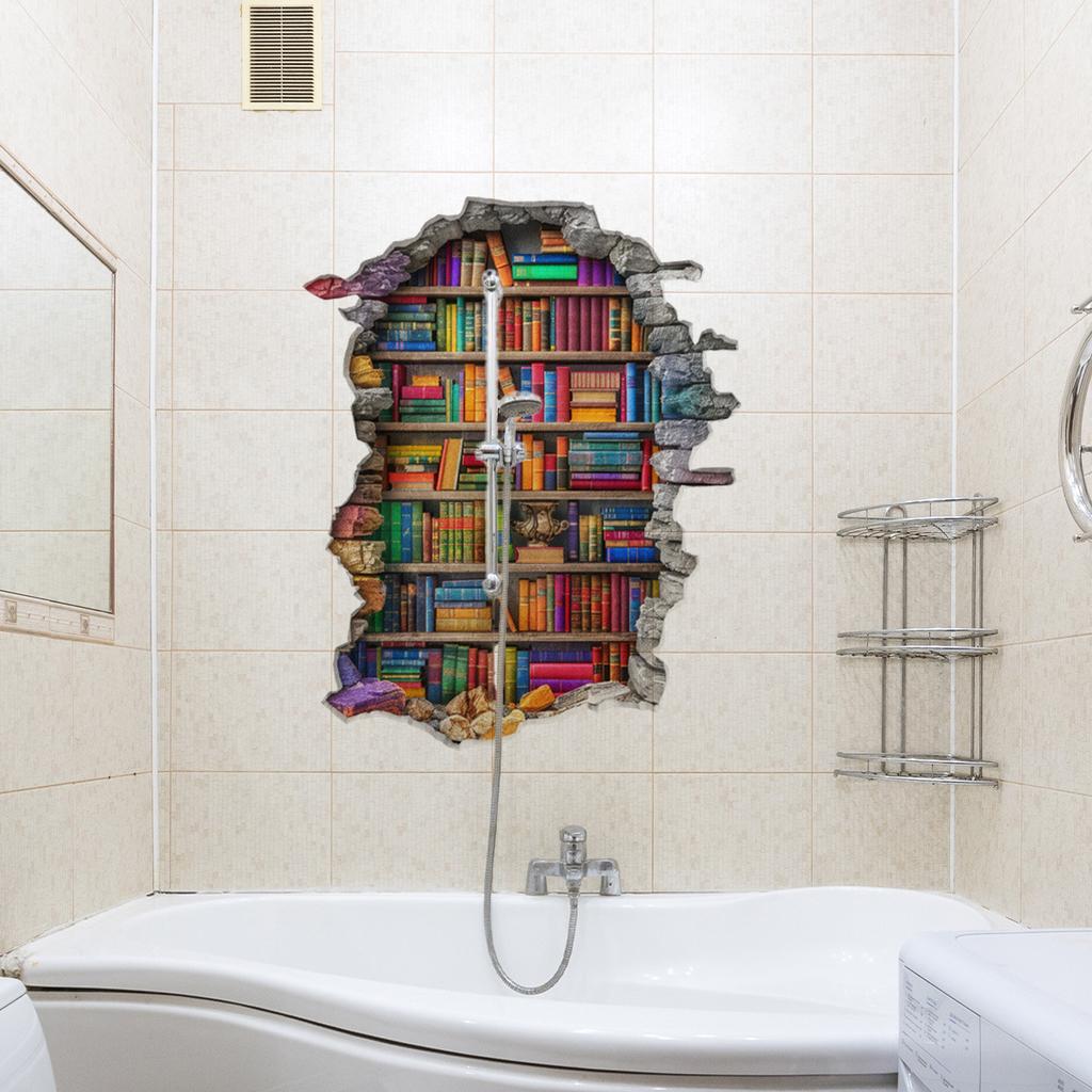 3D Broken Wall Bookcase Wall Stickers, Self-Adhesive Decor for Study Room Door Living Room Bedroom Background Decoration