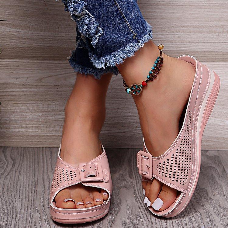 2025 Foreign Trade Large Size Cool Slippers Women's New European and American Casual Hollow Buckle Wedge Slippers Open-toed Sandals