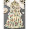 Stand Collar A- Line Printed Chiffon Pleated Elegance Dress