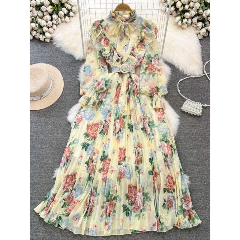 Stand Collar A- line Printed Chiffon Pleated Elegance Dress