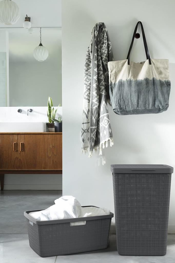 CURVER Jute Basket with Lid, Gray, 58L, Laundry Storage Basket, Durable, Scandinavian Design, Linen-Like Texture