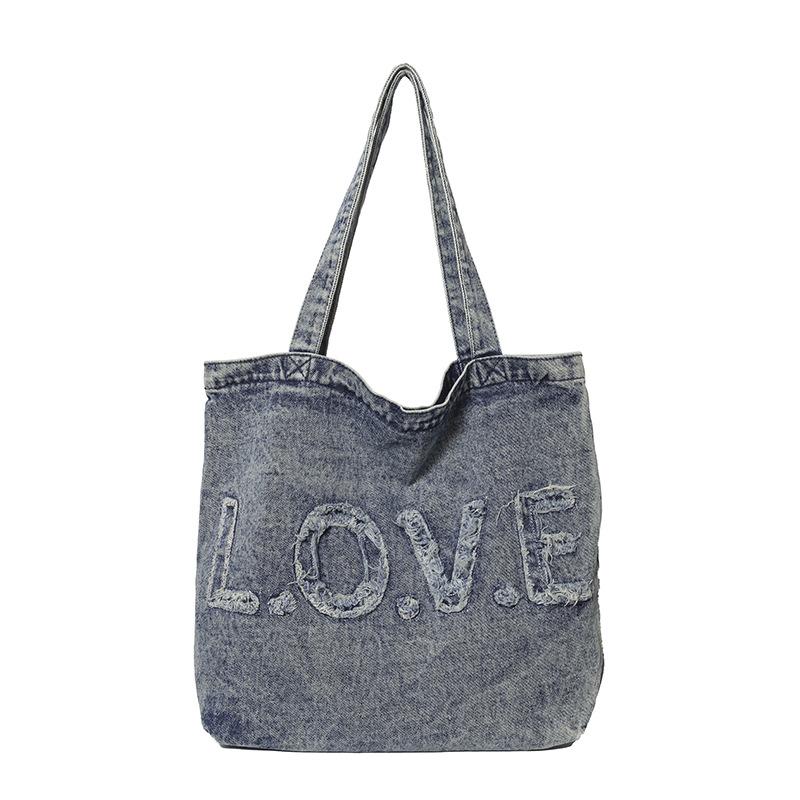 

Модная Ретро Джинсовая Вышитая Канвасная Сумка Tot Для Поездок На Работу Большая Вместимость Буквенная Наплечная 44x10x35 синий
