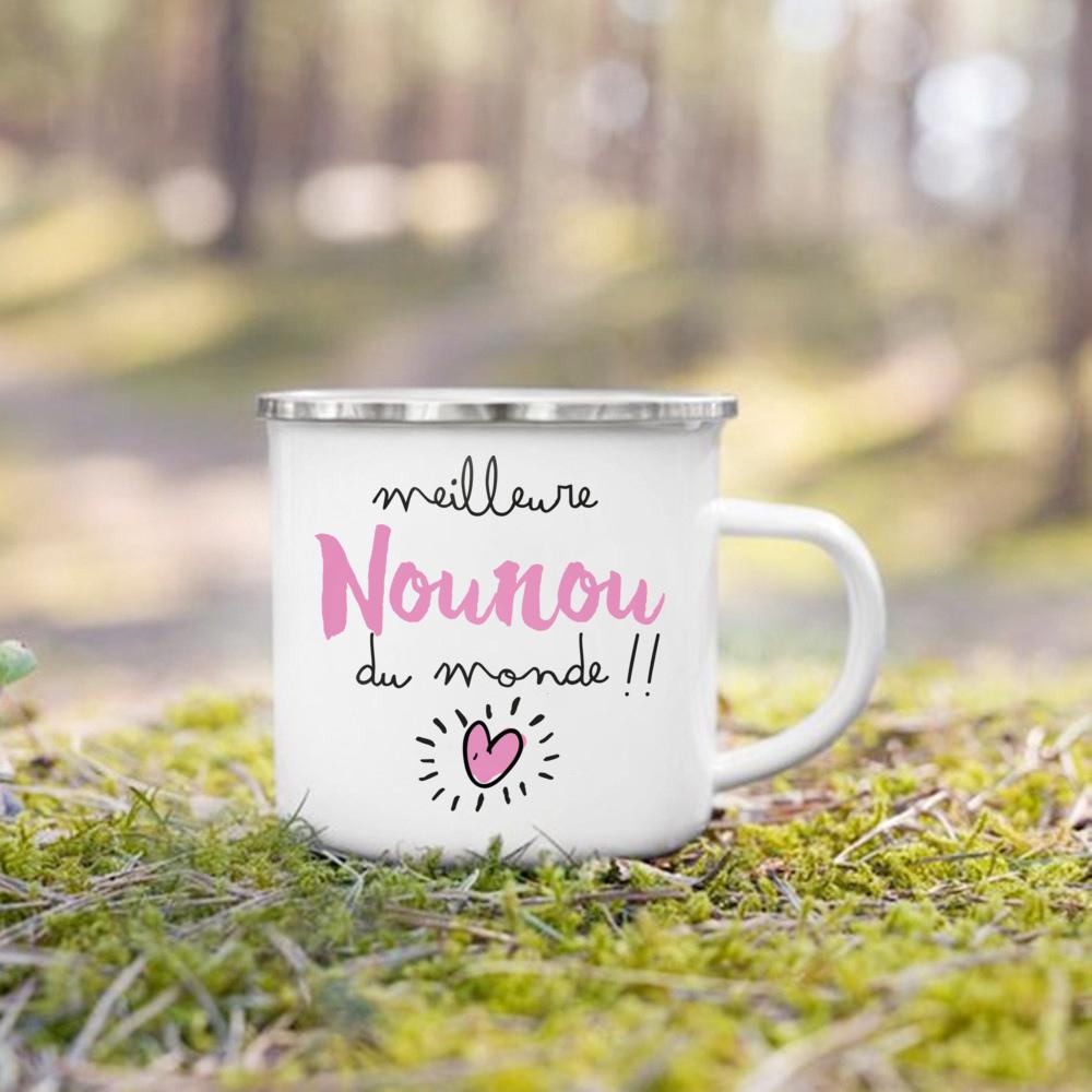 Thank You Nounou French Printed Enamel Mugs Coffee Cups Drink Wine Juice Mug Dessert Cocoa Milk Handle Cup Best Gift for Nounou