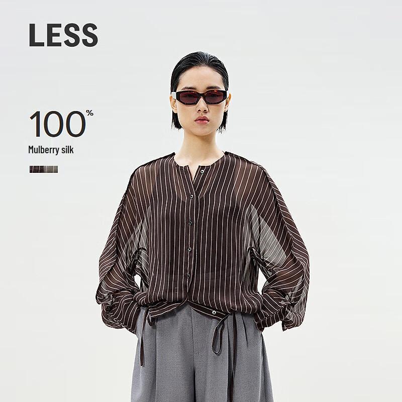 LESS 2025 Summer Loose Fit Round Neck Silk Striped Shirt S