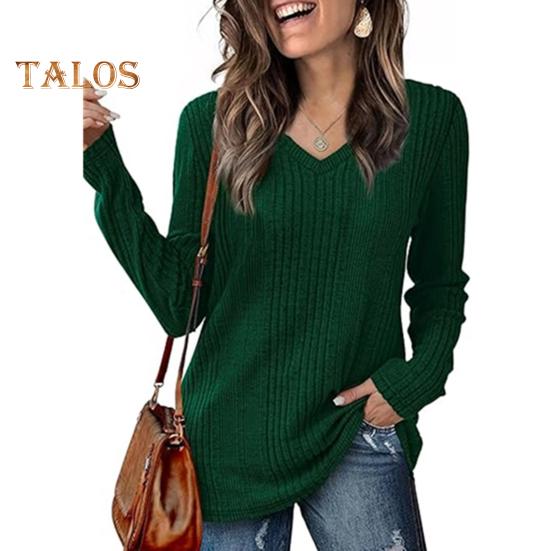 Women Tunic Sweater V-Neck Long Sleeve Solid Color Ribbed Casual Tops Slim Fit Knitted Loose Fit Fall Tops