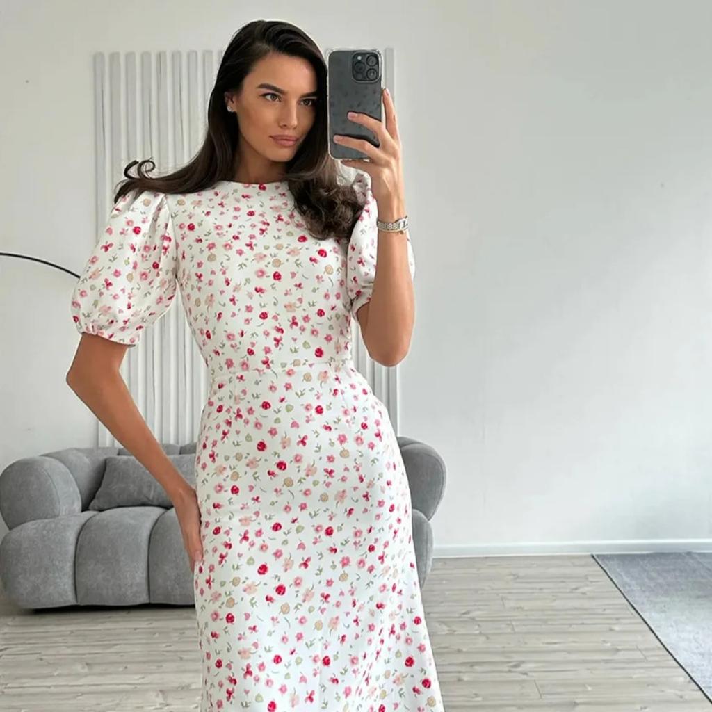 LYRIA Printed Floral Long Dress for Women Slim High Waist Puff Short Sleeve Dress Fashion Commuting Dress Fmale