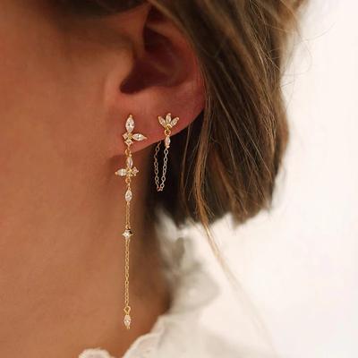 Exquisite Zircon Tassel Chain Dangle Earrings for Women Fashion Gold Color Pierced Ear Stud Earrings Jewelry Accessories