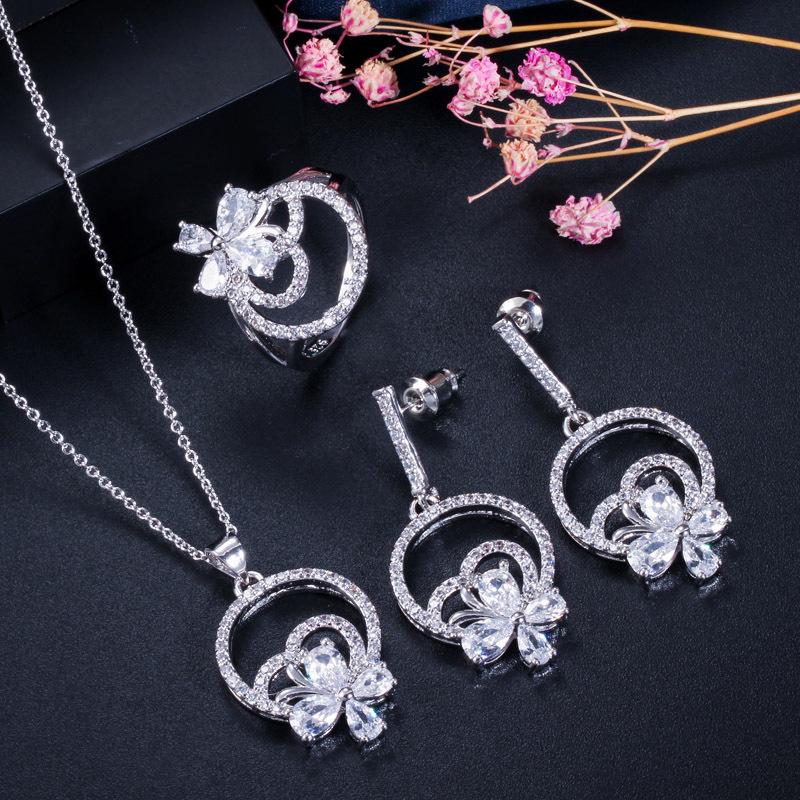 Simple Flower Zircon Set Necklace Earrings Ring Three-Piece Set Multi-Color Optional