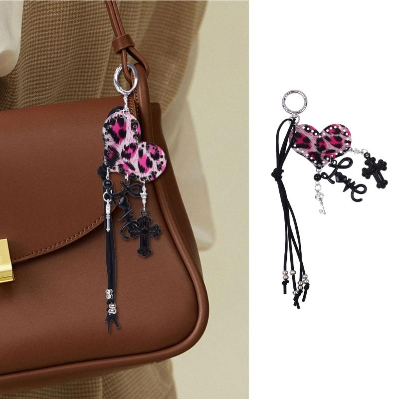 Cute Bag Charm Pendant Keyring Heart Key Crosses Braided Rope Keychain Bag Charm for Backpack Purse Handbag Decoration