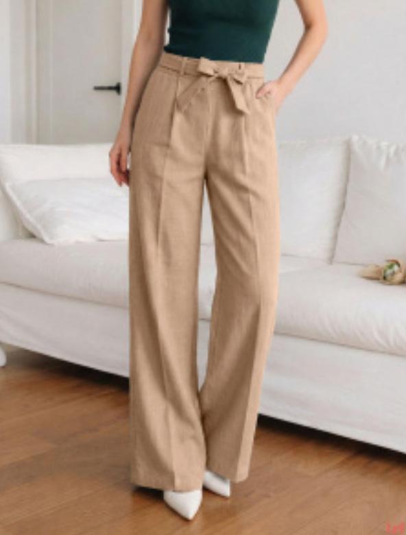 Women Tie Waist Wide Leg Pants Solid Color Casual Loose Fit Long Trousers