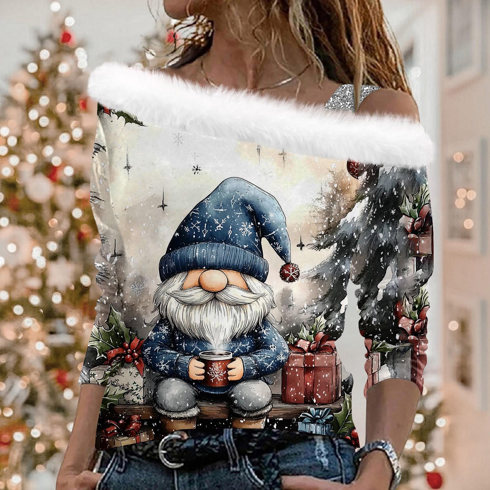 

Женские топы с длинными рукавами. Модные женские свободные пуловеры с открытыми плечами с рождественским принтом. XL тёмно-синий