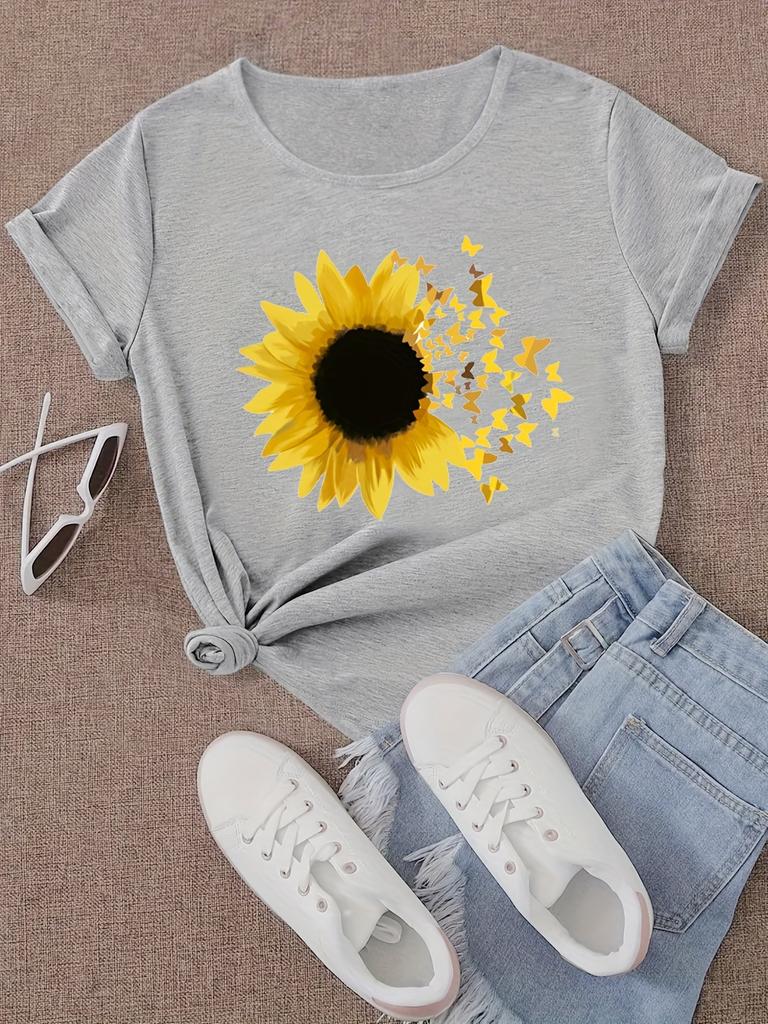 Butterfly Print Casual Sports Tops for Running Women's Summer Fashion Sunflower Graphic Sports Short Sleeve T-shirts