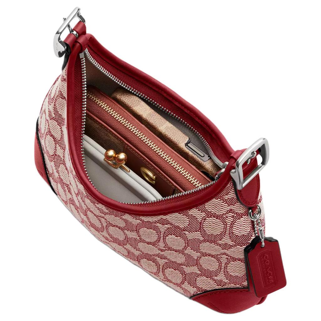 Coach Hamptons 26 Signature Print Fabric And Leather Shoulder Bag Medium Women Shoulder Bag Silver Ruby Ivory CY931-LHXJA