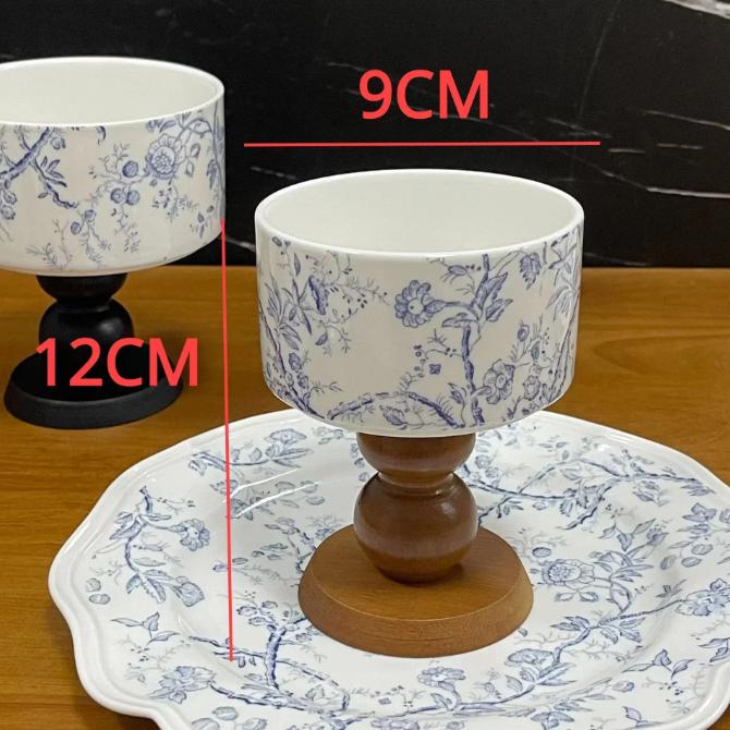 Neuer kreativer Keramik-Snackteller im Retro-Stil mit hohen Beinen, zarter Tee-, Obst- und Untertassen-Dessertschale aus französischem Holz, hohes Weinglas