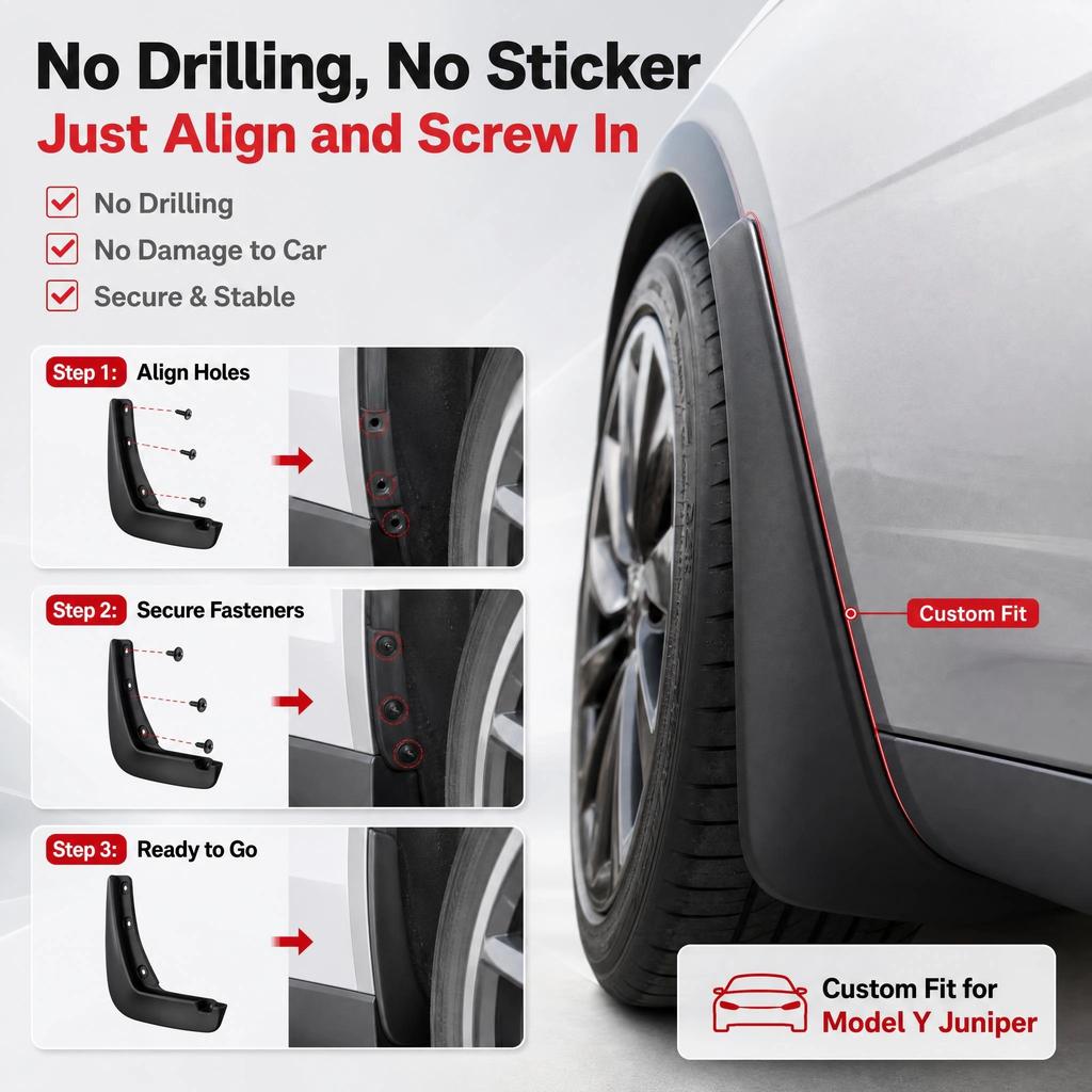 4PCS Non Perforated Mud Flaps For Tesla Model Y/3 2021-2026 No Splash Guards TPE Plastic Fender Mudguards Car Exterior Accessori