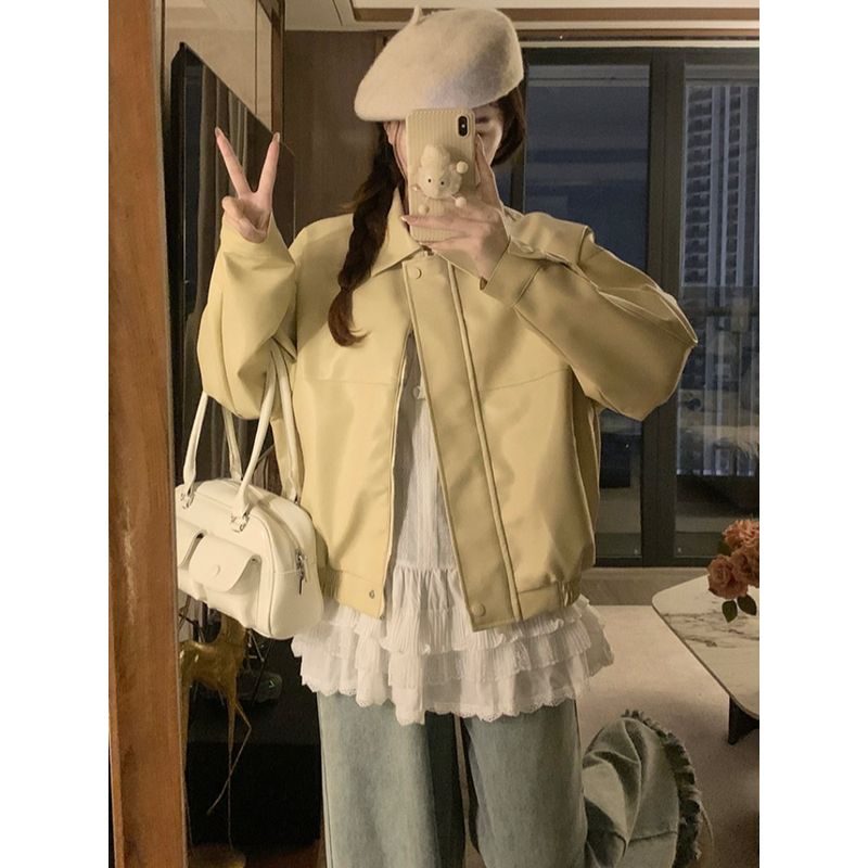 Kumikumi American vintage Black PU Leather Long sleeve Outerwear Women clothes Autumn Niche Loose Lapel Jacket Top