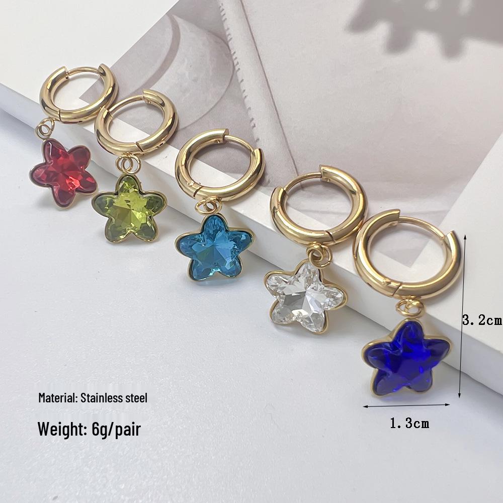Colorful Glass Diamond Star Earrings: 18K Gold-Plated Stainless Steel, European & American Style