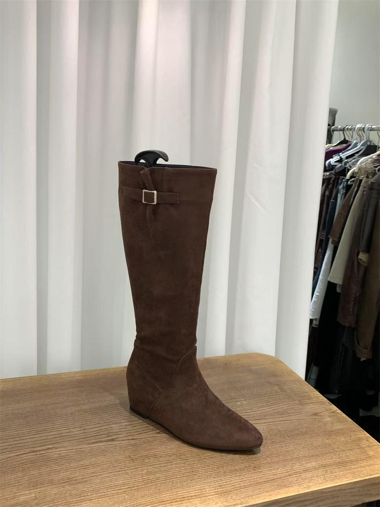 Inner Heightening Pointed Suede Pile Medium Boots Women's Boots 2025 Fall/Winter Brown Maillard Skinny Boots