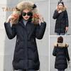 Winter Women Cotton Jacket with Furry Hood Neck Protection Pockets Mid Length Zipper Closure Padded Coat Solid Color Windproof Outwear Parka
