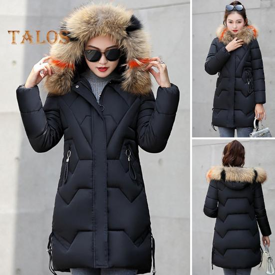 Winter Women Cotton Jacket with Furry Hood Neck Protection Pockets Mid Length Zipper Closure Padded Coat Solid Color Windproof Outwear Parka