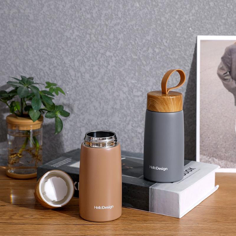 Double Wall Insulated Thermos 304 Stainless Steel Vaccum Flask Outdoor Portable 280ml Wood Water Cup Mini Vacuum Water Bottle