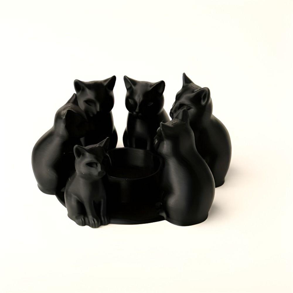 Schwarzer Katzenring Kerzenhalter Sitzendes Design 3D Gedruckter Kerzenständer Halter 6 Stück Set Stilvolle Akzente Katzen Verzierung