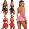 Women PU Leather Crop Top Halter Back Lace Up Built-in Briefs Miniskirt Garter Clips Clubwear Set